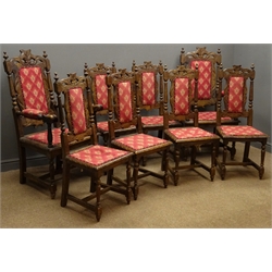  Set eight (6+2) Carolean style oak dining chairs, carved cresting rail, upholstered back and seat, turned and reeded supports joined by stretchers  
