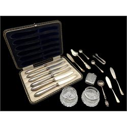 Set of six silver handled tea knives, in fitted case, pair of cut glass salts with silver ...