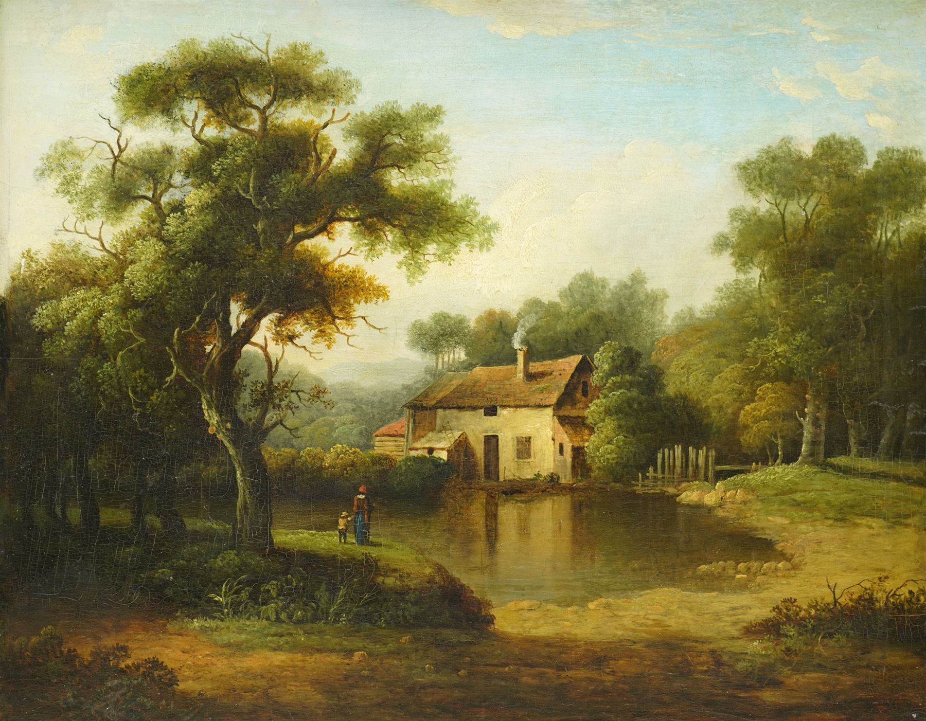 Circle of Patrick Naysmith (British 1787-1831): Figures by a Lakeside Cottage, oil on panel unsigned, red wax collector’s seal verso 35cm x 44cm