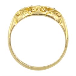 Early 20th century 18ct gold five stone graduating diamond ring, with engraved scroll design gallery, London 1916