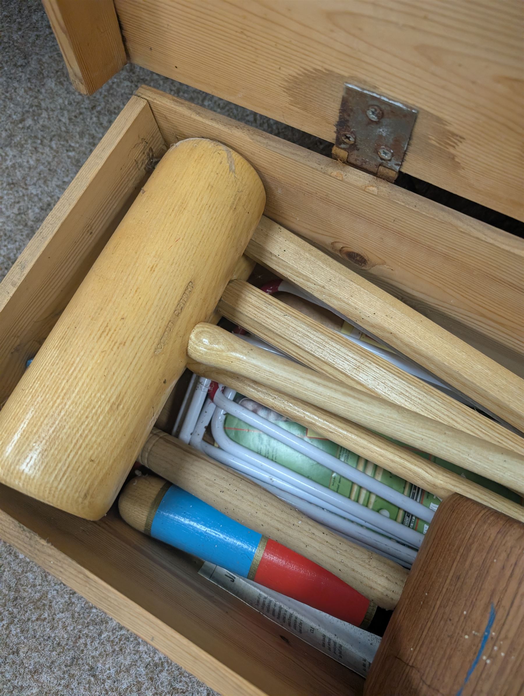 Jaques croquet set, with four mallets, stakes and balls in wooden carry case