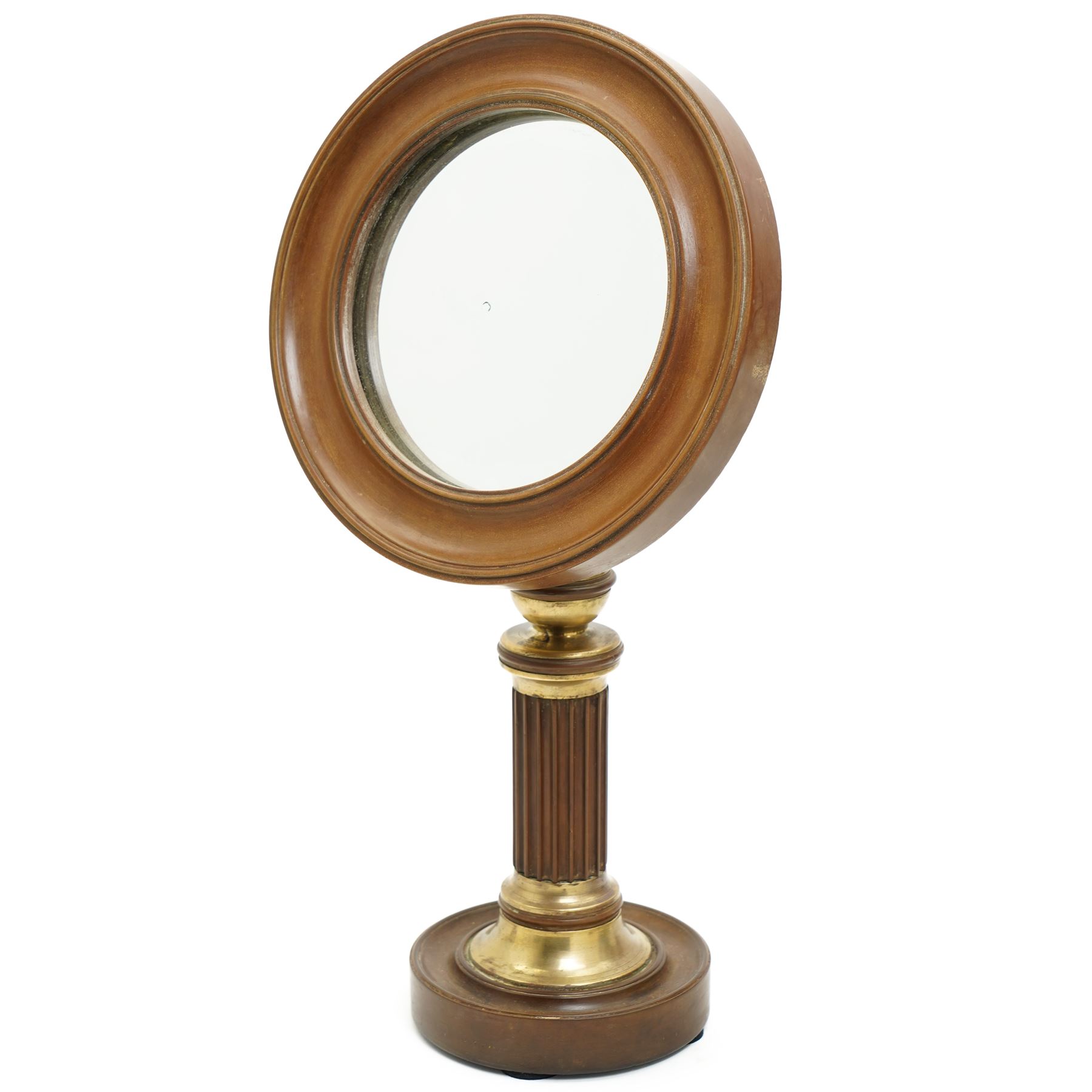 Late Victorian circular shaving mirror, with brass accents and fluted column, H40cm
