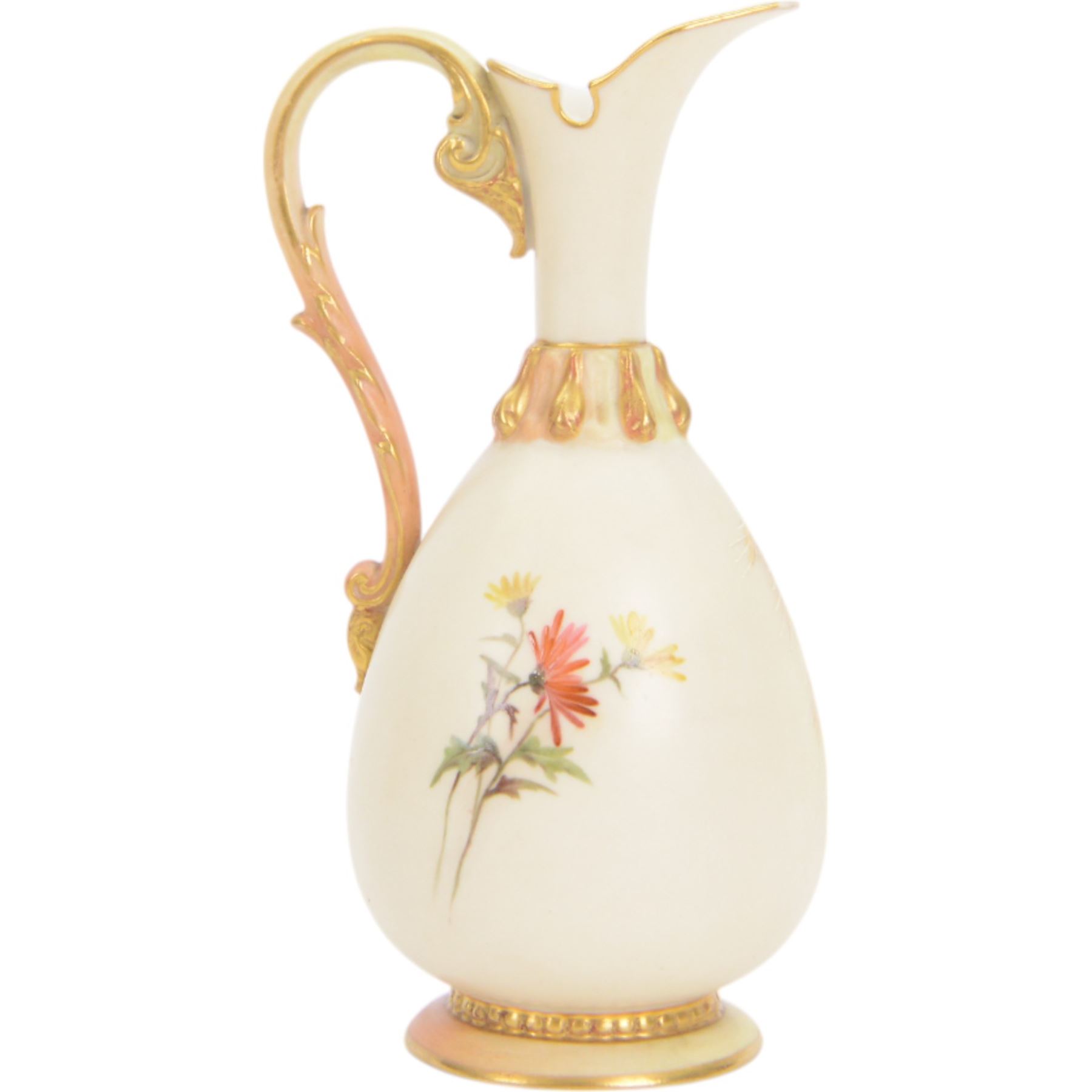 Royal Worcester ewer, decorated with poppies upon a blush ivory ground, with printed puce marks beneath, H15cm