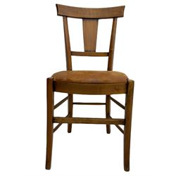 Set of four French walnut dining chairs, tan leather upholstered seats