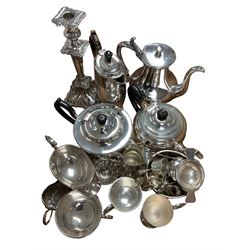 Group of silver plated wares, mostly comprising various tea wares, including teapots, coffee pot, hot water pots, plus various cream and mik jugs, sauce boats, candlestick, oval serving dish, swing handled basket, etc., in two boxes 