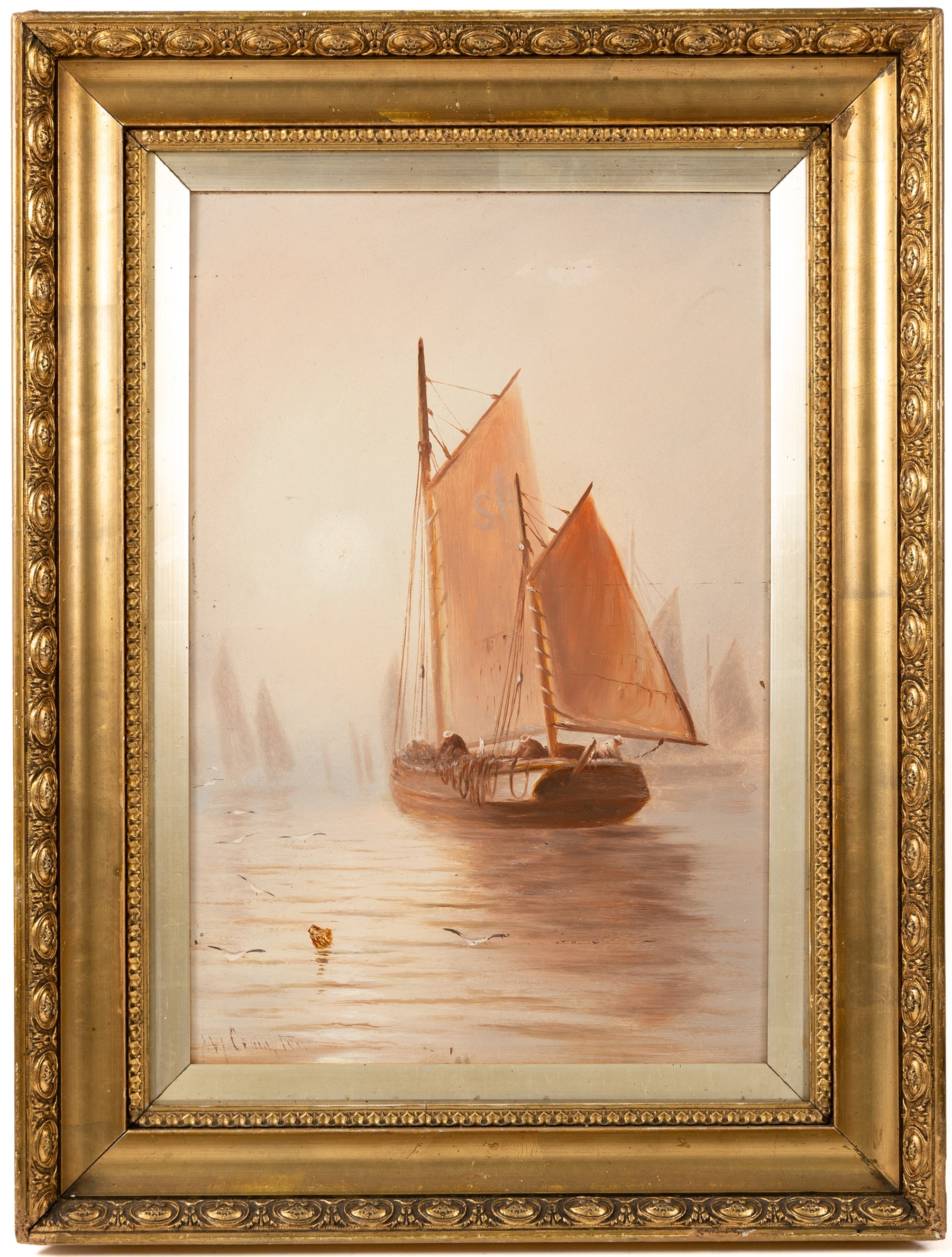 William James Smith Crampton (British 1855-1935): Fishing Vessels on Misty Waters, pair oils on board signed, in matching frames 45cm x 30cm (2)