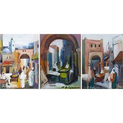 Mohamed Belajouza (Tunisian 20th Century): Streets of Sousse, set of three gouaches signed, max 18cm x 13cm (3)