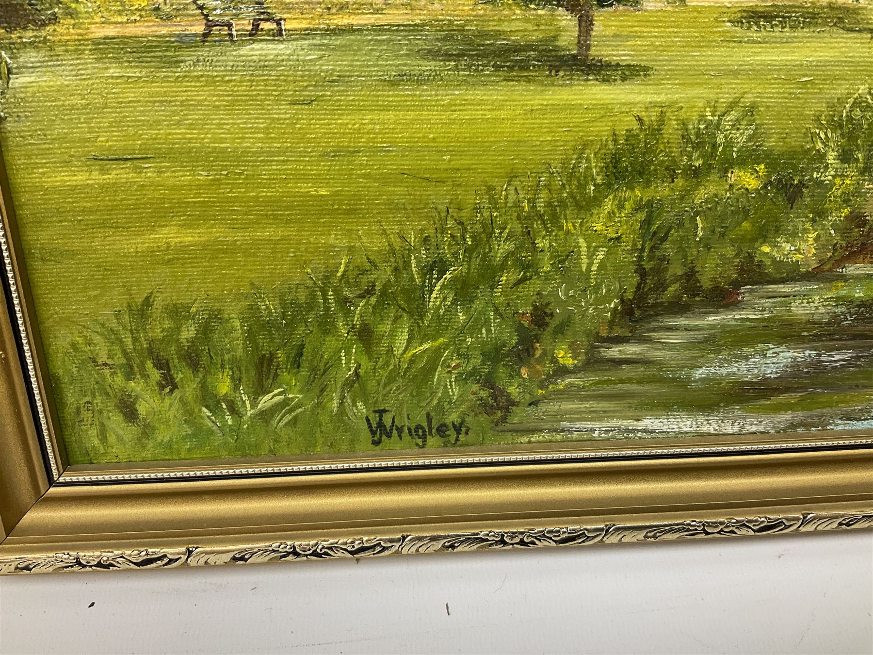 Will's Cigarette cards - Wild Flowers Second Series (framed) together with J Wrigley (British 20th century): 'Great Ayton', pair oils on board signed and two other prints max 38cm x 44cm (5)