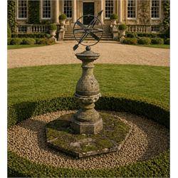 Impressive Haddon stone armillary sundial, raised on column pedestal with octagonal base, ...