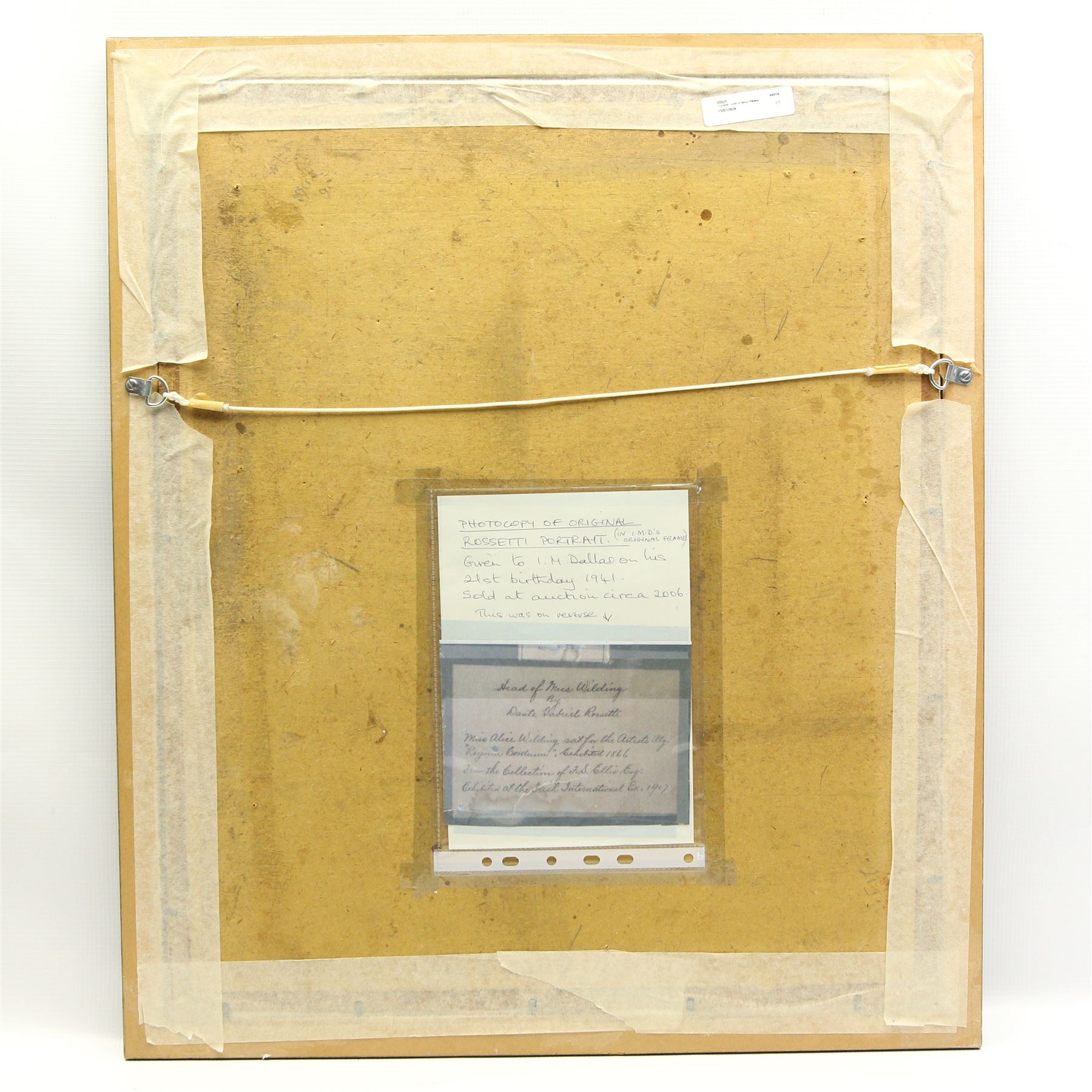 After Dante Gabriel Rossetti (British 1828-1882): Portrait of Alexa Wilding, colour print signed in the plate 44cm x 36cm
Notes: this frame held the original painting this print is after - it was held within this frame from its purchase in 1941 until it was sold at Sotheby's auction (12 July 2007, lot 14) when it was removed.