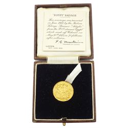 King George V 1914 gold full sovereign coin, recovered in June 1932 from the P & O steamer 'Egypt', cased with certificate