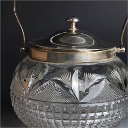 1920s silver mounted cut glass biscuit barrel, the ovoid glass body with square and hobnail cut decoration, with silver lid, collar and swing handle, hallmarked Cooper Brothers & Sons Ltd, Sheffield 1925, H15cm