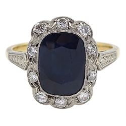 Art Deco style gold rectangular cushion cut sapphire and diamond cluster ring, stamped 18ct Plat 