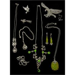 Silver marcasite and stone set jewellery including eagle brooch, pearl pendant necklace, green paste stone necklace, Art Deco celluloid pendant and pair of similar earrings, all stamped or tested