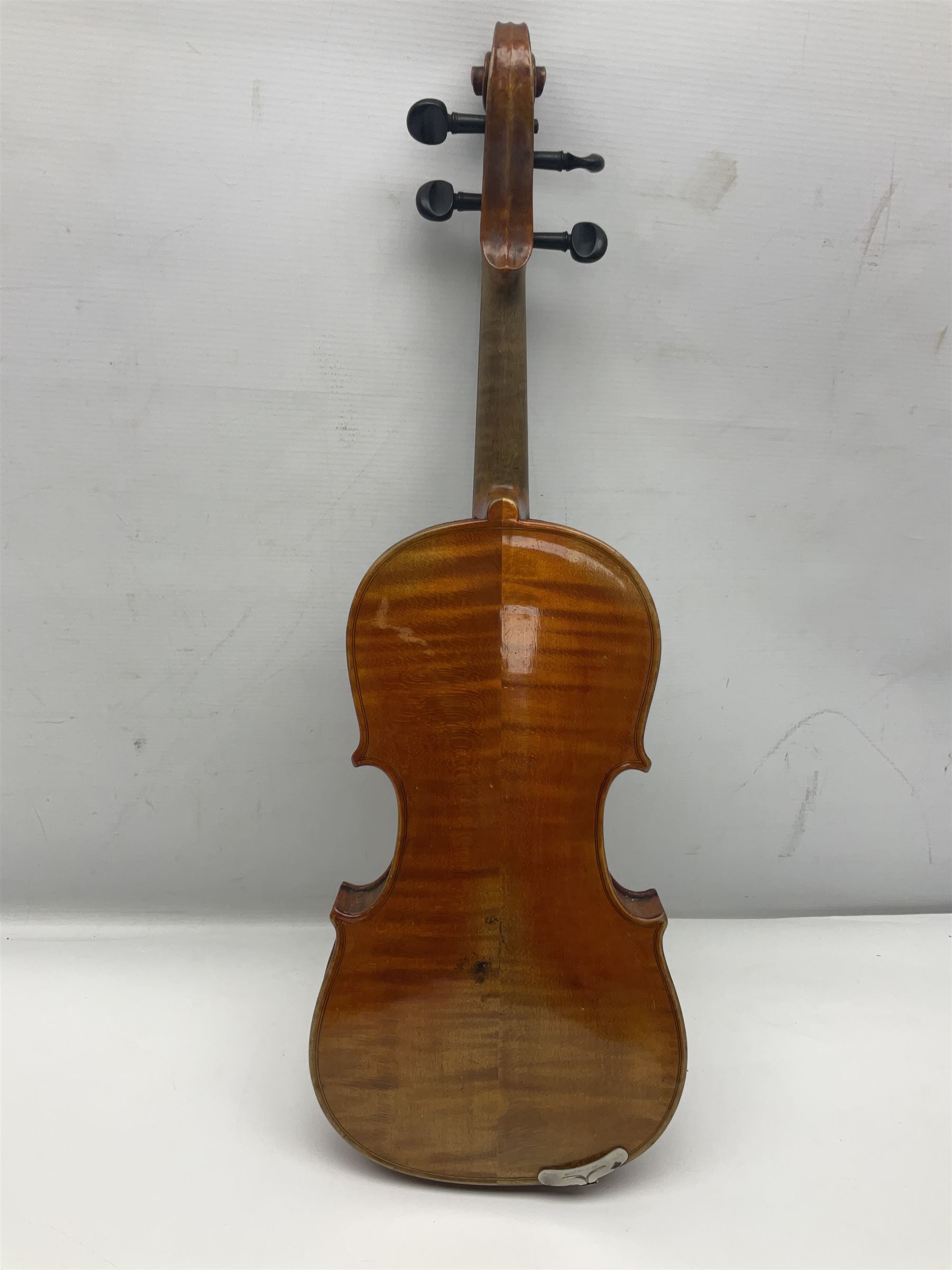 German violin c1900 for re-assembly with 36cm two-piece maple back and ribs and spruce top; L59cm; in ebonised wooden 'coffin' case with two bows