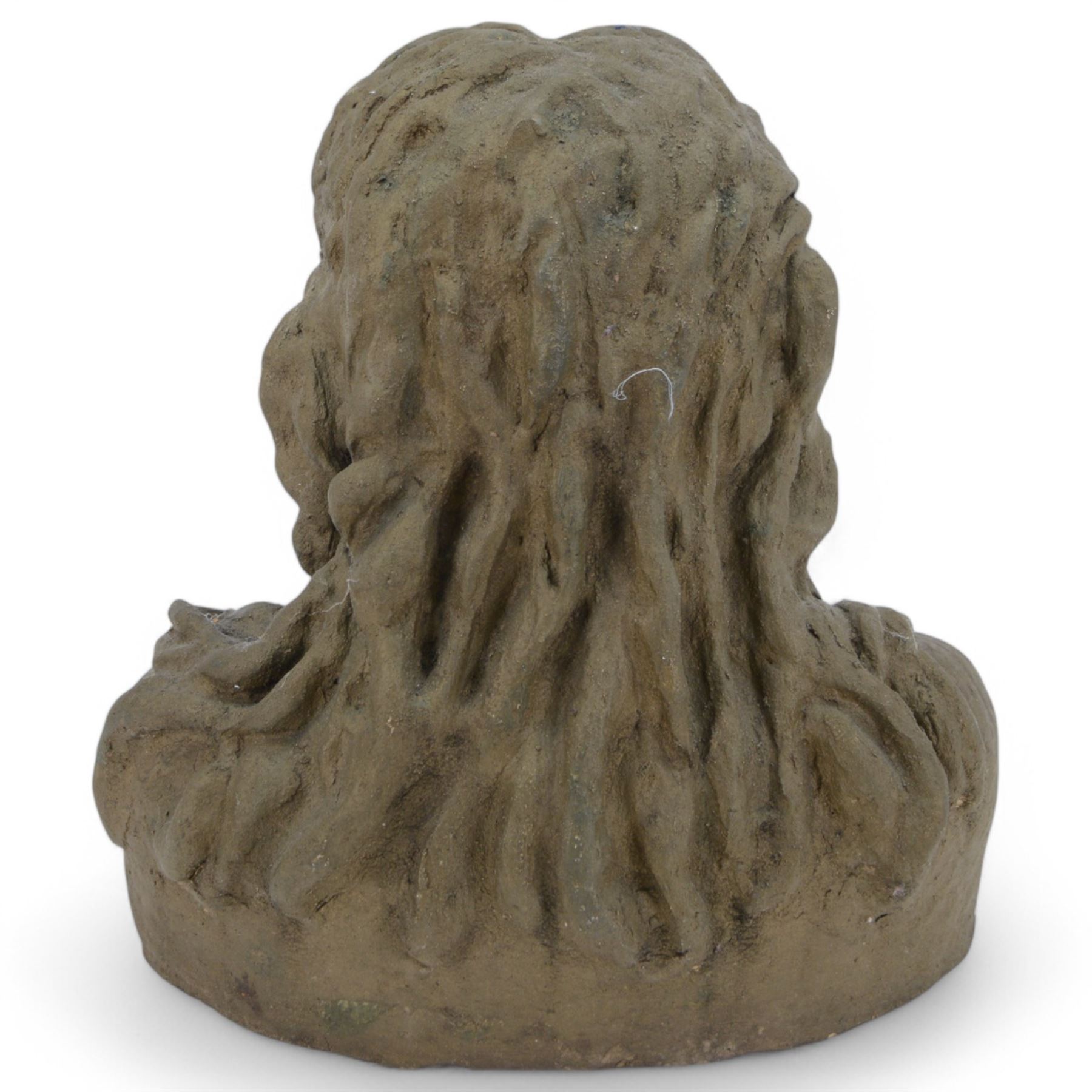 Modern composite bust of young woman, in the manner of Jacob Epstein, with metallic finish, signed Epstein beneath, H40cm