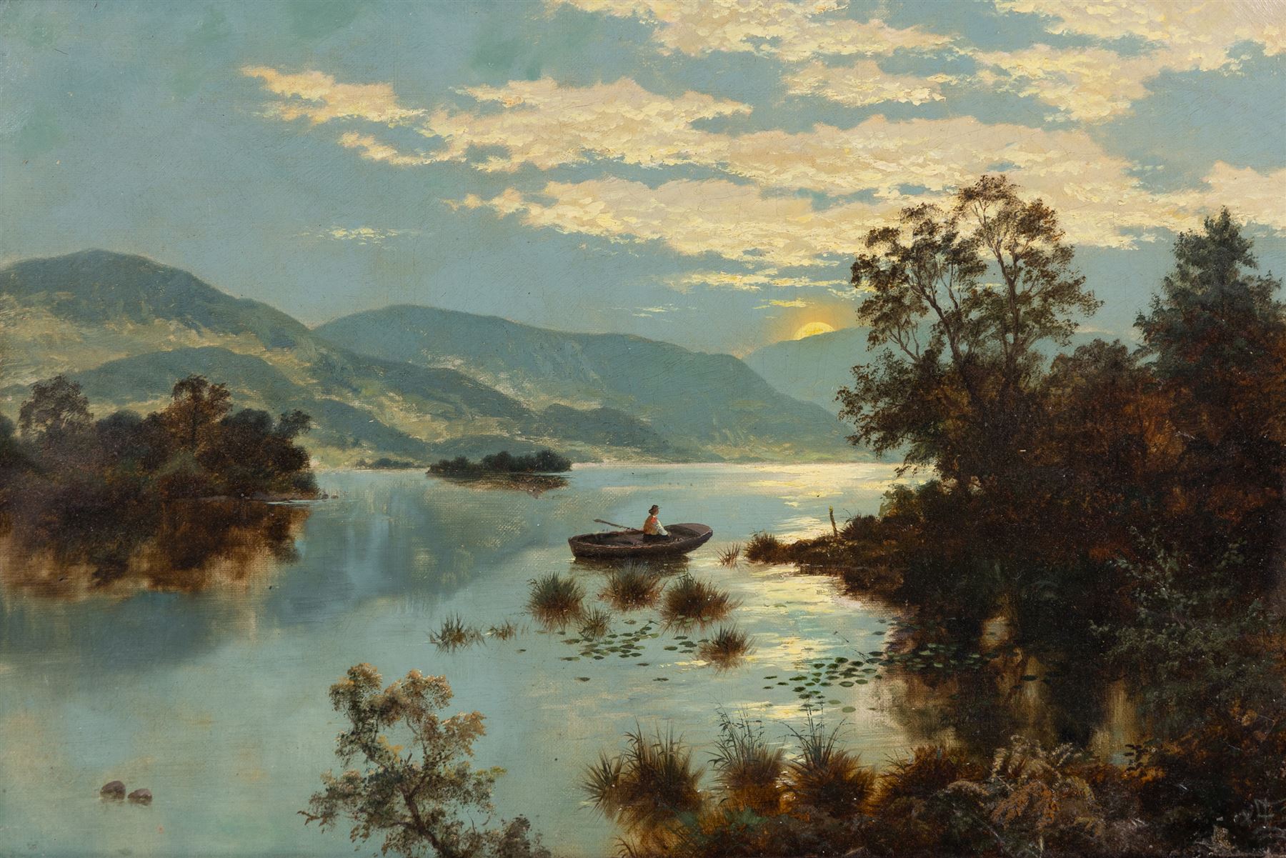 Edgar Longstaffe (British 1852-1993): Boating at Sunset, oil on canvas signed with monogram and dated 1891, 34cm x 52cm 