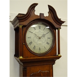  George III oak longcase clock, swan neck pediment, circular silvered dial with Roman and Arabic numerals, signed 'Hill Sheffield', thirty hour movement striking on a gong, H213cm  