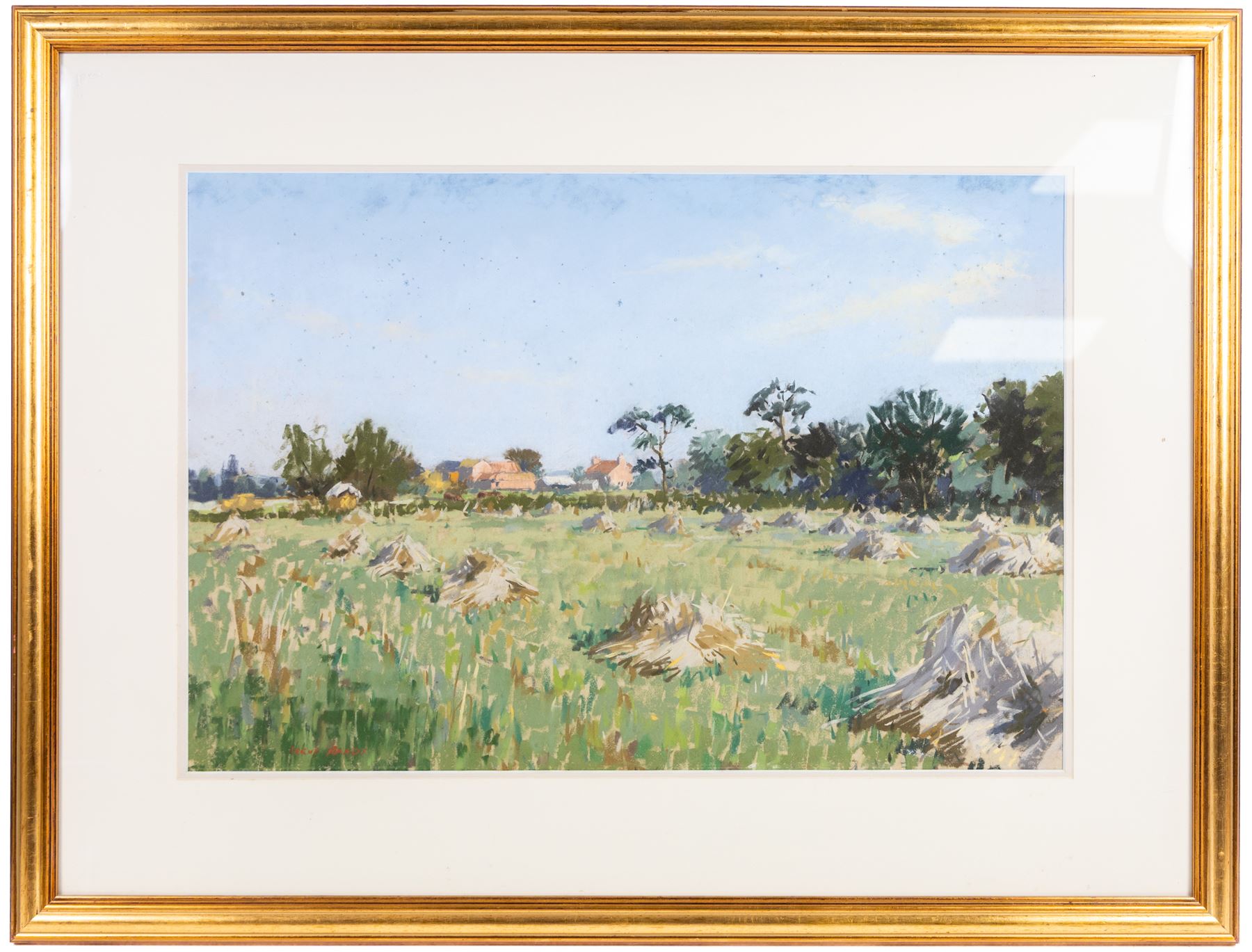 Angus Bernard Rands (British 1922-1985): Village Haystacks and Trees, three pastels signed, largest 44cm x 70cm (3)