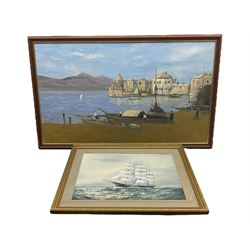 JC Austin (British 20th century): Three Masted Ship at Sea, watercolour signed, together with a mid 20th century Venetian oil on board (2)