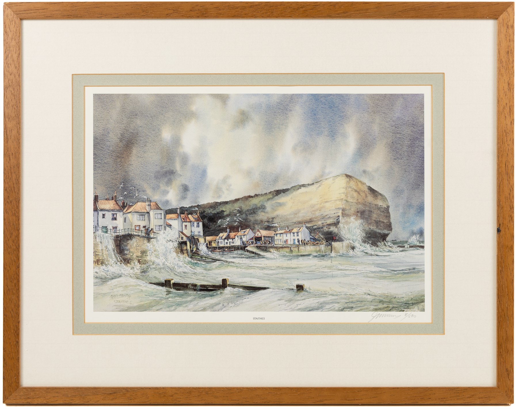 John Freeman (British 1942-): 'Runswick Bay' and 'Staithes', one watercolour signed titled and dated '96 and one limited edition coloured print signed and numbered 8/500 in pencil max 25cm x 38cm (2)