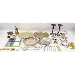 Assorted metalware including two silver plated serving spoons, Firth Staybrite Sheffield fish knives and forks, assorted brassware and other items