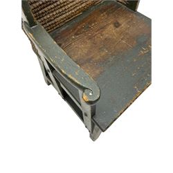 Late 19th to early 20th century Orkney chair, green painted pine frame and seat with curved rush back, square tapering supports joined by plain stretchers