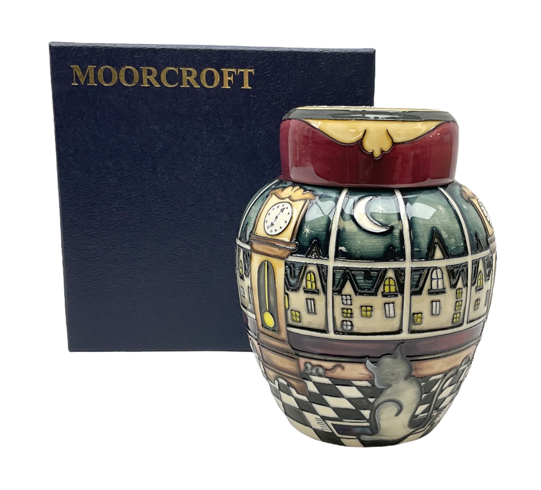 Moorcroft Nursery Rhyme Series Hickory Dickery Dock pattern ginger jar  designed by Nicola Slaney, 2005 limited edition 108/250, printed and painted marks beneath, with original box H16cm