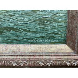 Richard M Firth (British 1971-): 'Westwood and Britannia Racing off the Royal Yacht Squadron - Cowes', oil on canvas laid on to board signed, titled on gallery label verso 29cm x 39cm 
Provenance: with James Starkey, Beverley, label verso