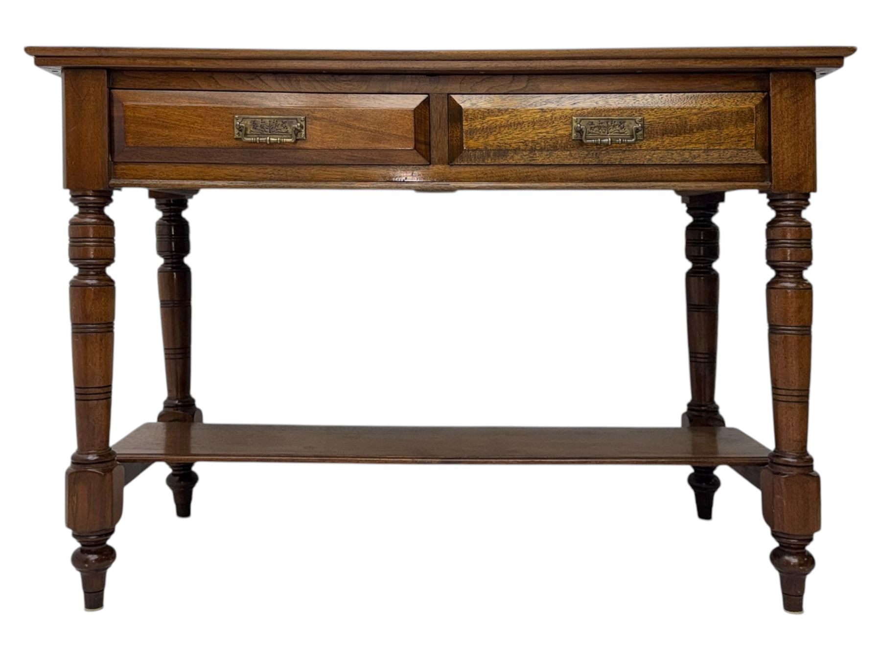 Victorian mahogany side table fitted with two drawers,  rectangular top over two short drawers with moulded facias and brass drop handles, turned front and rear supports joined by an open undertier, on turned feet 