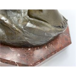 After Auguste Moreau (French 1834-1917): large bronze figure modelled as a young boy playing two pipes, standing upon a naturalistically modelled base detailed with tree stump and further pipe, signed Aug Moreau, upon octagonal red marble base, H72cm 