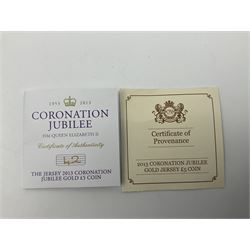 Queen Elizabeth II Bailiwick of Jersey 2013 'Coronation Jubilee' gold proof five pound coin, cased with certificate