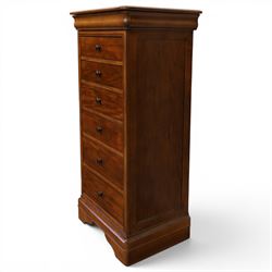 Willis & Gambier - mahogany tall chest, rectangular chamfered top, with frieze drawer with blue baize lining, over six graduating drawers with black pulls, raised on bracket feet