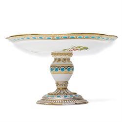 19th century tazza or compote, hand painted with flowers within gilt and turquoise borders, H16cm 