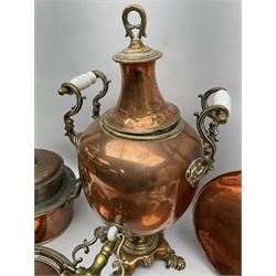 Quantity of copper to include samovar with white ceramic handles and brass tap, copper and brass 'Sirram' kettle, other copper plates and tankard etc