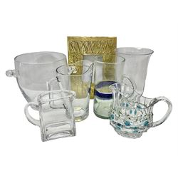 Art Nouveau style hammered brass frame, together with four glass jugs, glass ice bucket and vase, frame H31cm