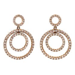 Pair of 14ct rose gold diamond circular pendant stud earrings, stamped 585