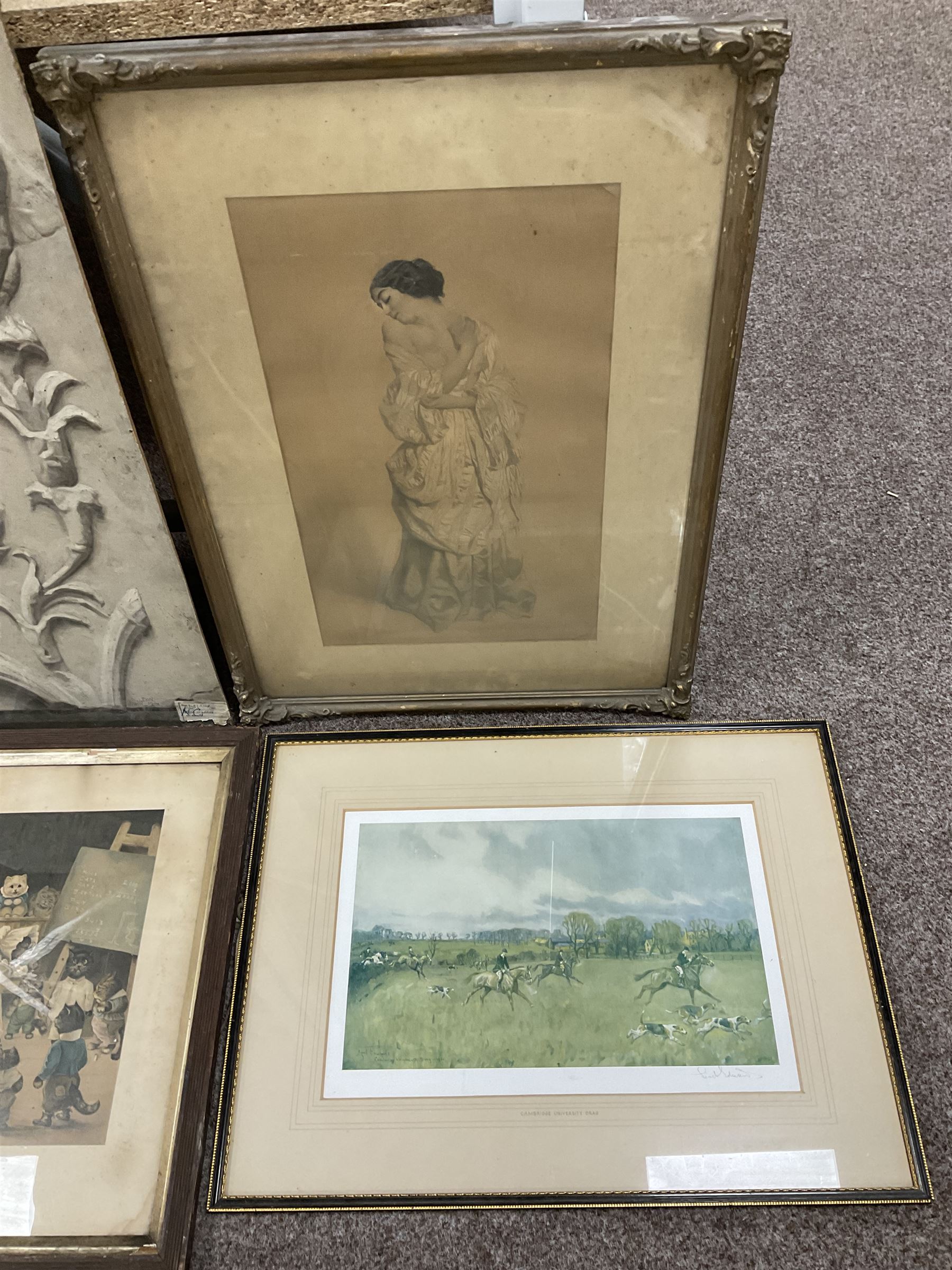 Collection of pictures to include John Carter (Northern British 1931-2007): 'Swaledale Farm - Winter', charcoal drawing; After Louis Wain (British 1860-1939): Mrs Tabitha's Cats' Academy', coloured print and J D Walker (British late 19th century): Carved Stone Detail of a Church, oil on board, variously signed titled and framed max 75cm x 56cm (8)