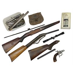 Assorted rifle and pistol spares; early Gem air rifle with sawn off barrel (piece present); telescopic sight; canvas/leather ammunition pouch; Mauser stock; barrel browning solution etc