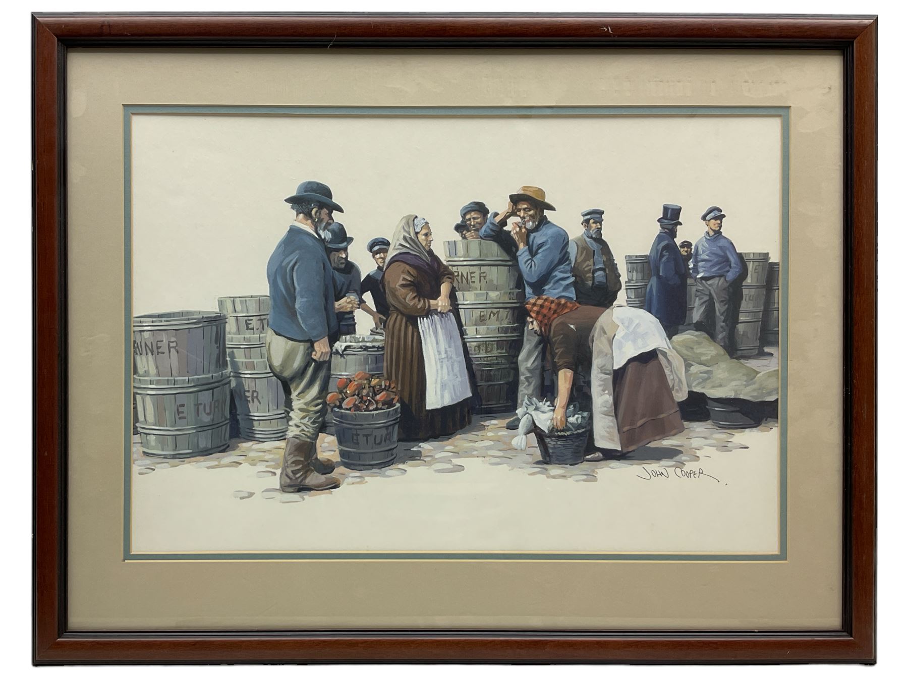 John Cooper (British 1942-) after Frank Meadow Sutcliffe (British 1853-1941): Fisherpeople at Coffee House Corner Where Fish Auctions Were Held (19-39B), gouache signed 37cm x 55cm