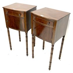 Pair of George III mahogany bedside tables, single drawers above single cupboard, turned supports