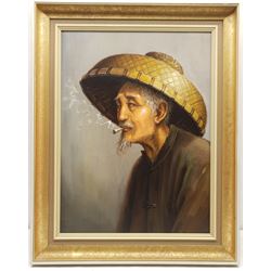 Oriental School (20th century): Portrait of a Chinese Man Smoking, oil on board indistinctly signed 59cm x 44cm