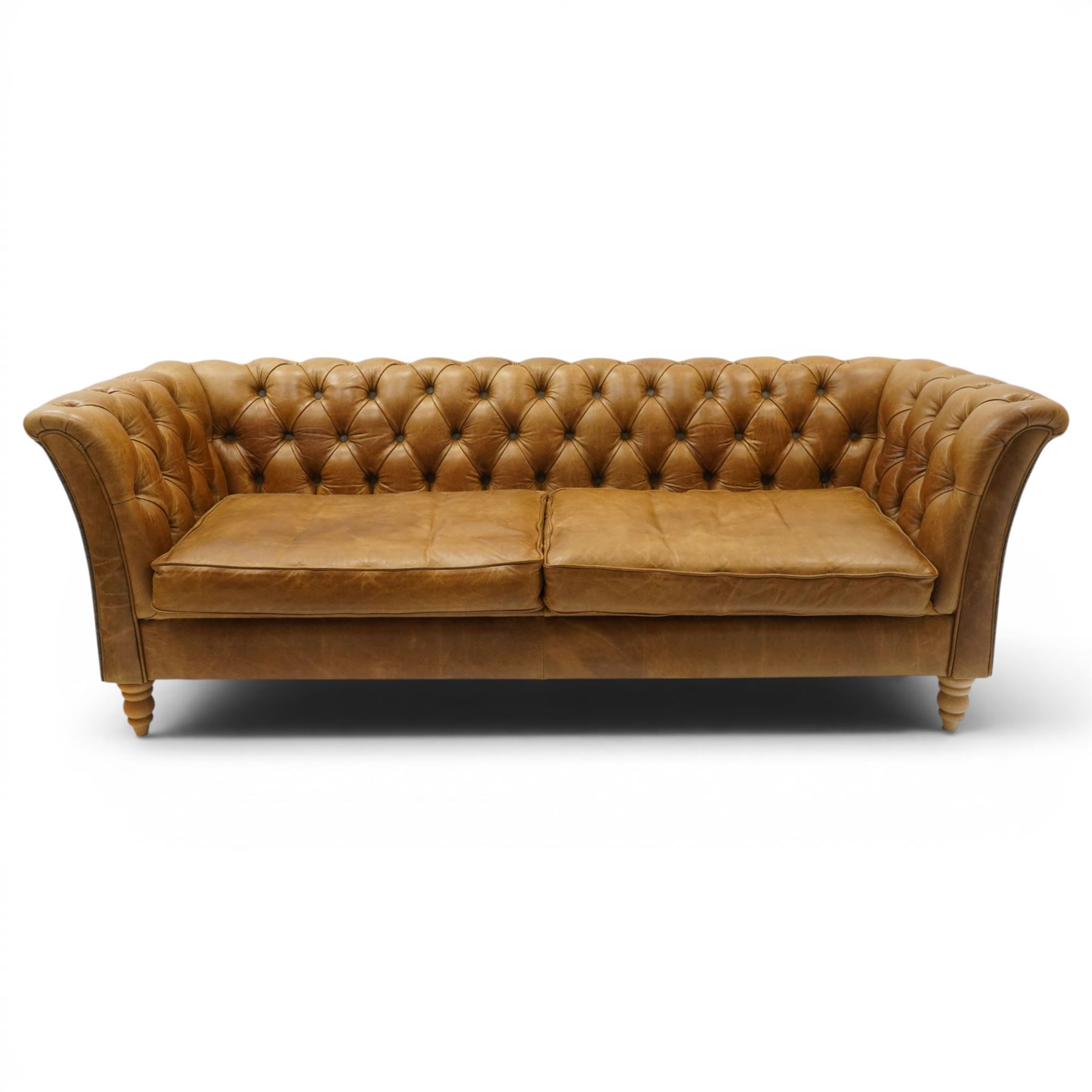 Contemporary Chesterfield design 'Caesar' three seat sofa, traditional shape with out-swept arms, upholstered in tan leather with loose seat cushions, the back, sides and buttons upholstered in chevron stitched Harris Tweed, on turned feet