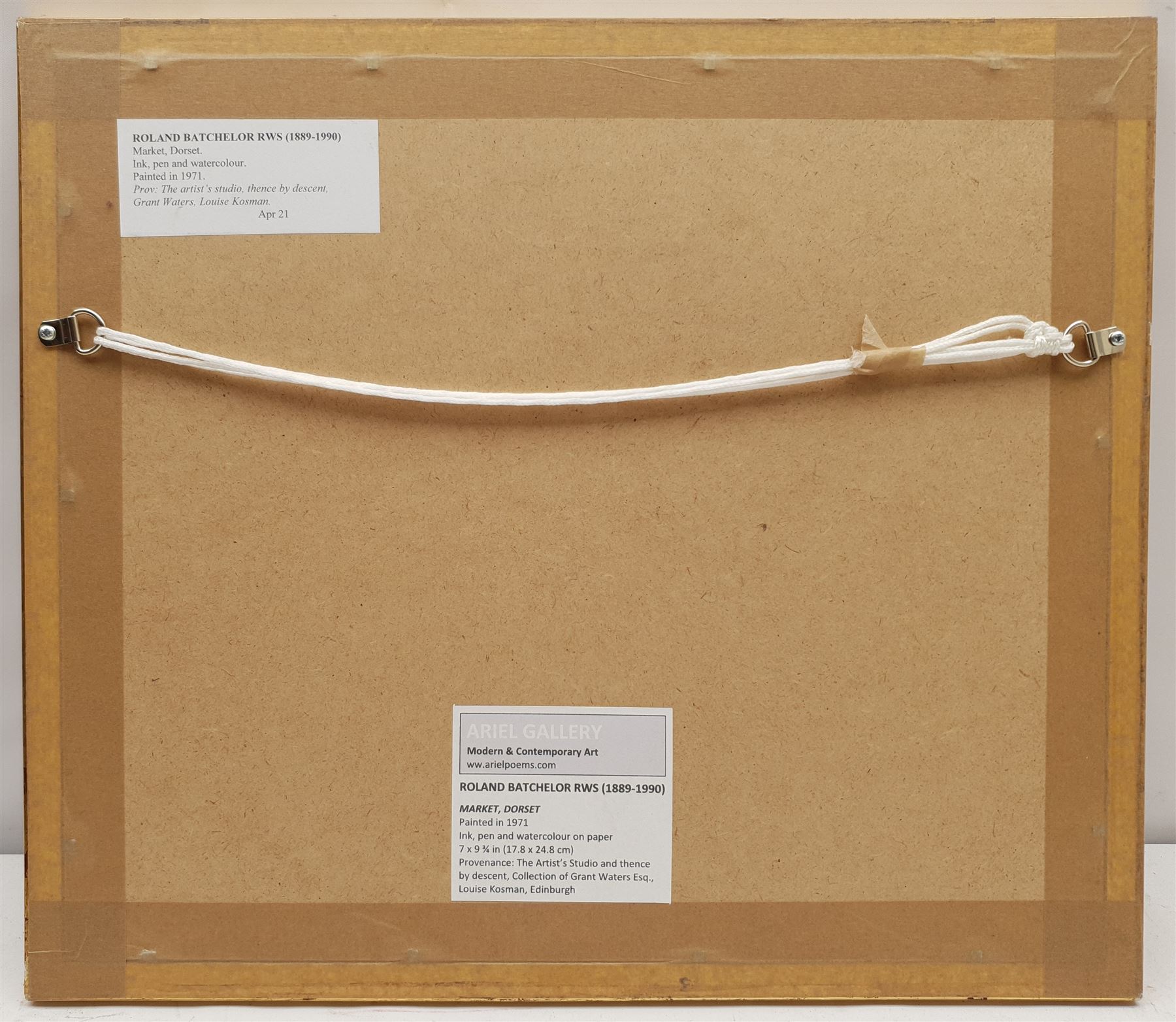 Roland Batchelor RWS (British 1889-1990): 'Market Dorset', watercolour and ink unsigned, painted in 1971, 17cm x 24cm 
Provenance: artist's studio; collection of Grant Waters; with Louise Kosman, Edinburgh; then with the Ariel Gallery, Lavenham, where purchased by the vendor