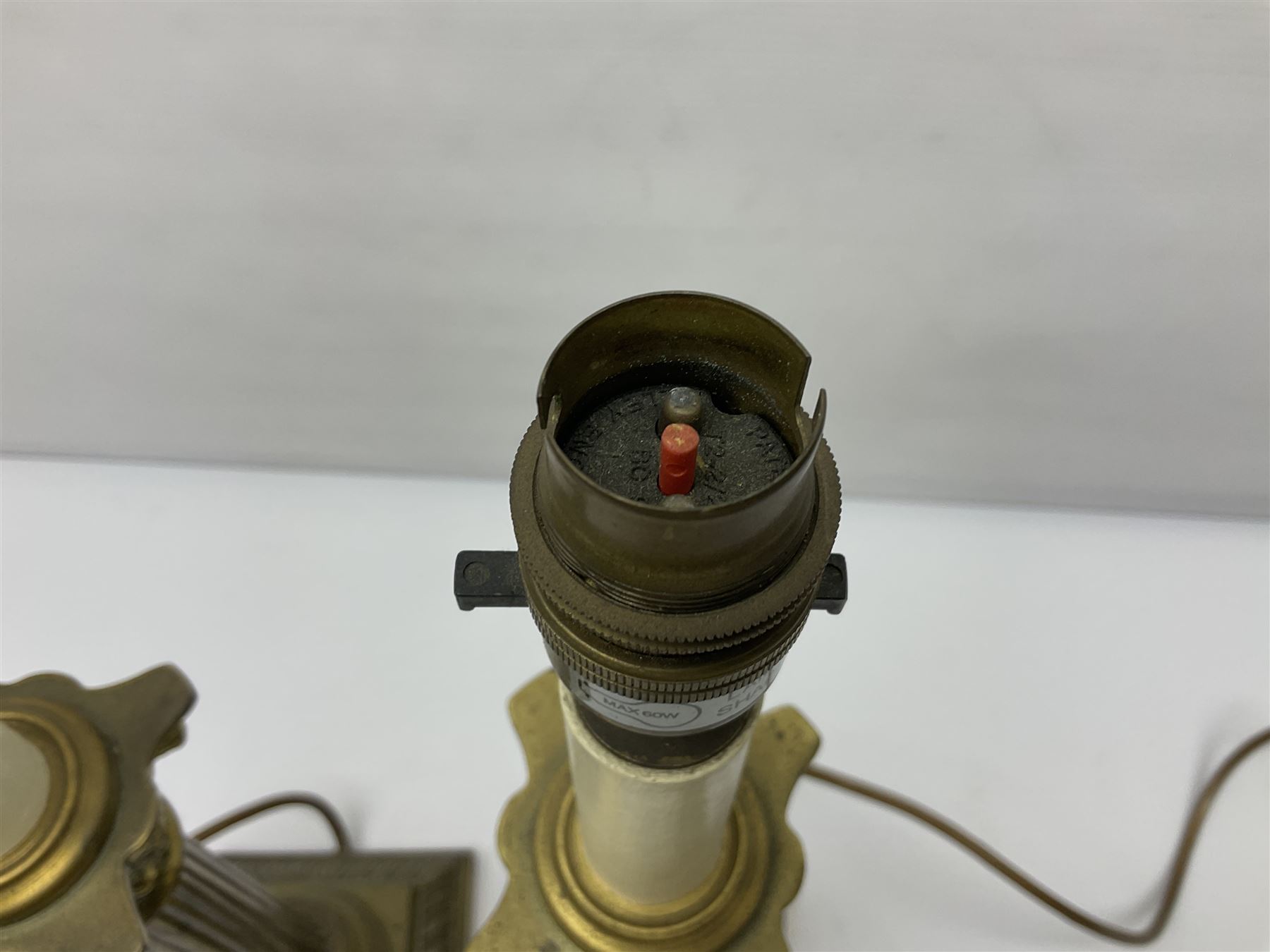 Pair of brass table lamps in the form of fluted Corinthian columns, H46cm