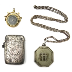  Hallmarked silver vesta case, Victorian novelty roulette swivel fob and a metal tag marked '229' to back with portcullis to front  