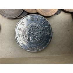 Great British and World coins and banknotes, including pre-decimal coinage, Britain's first decimal coins sets in blue folders, silver one yen coin converted into a brooch, commemorative crowns etc