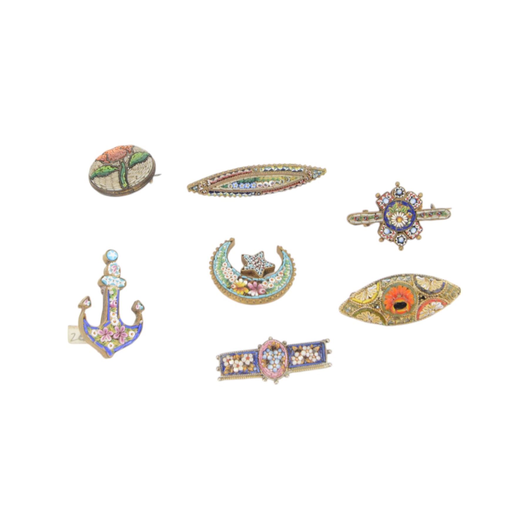 Thirty micro mosaic brooches including four Roma examples, in various shapes including crescents 