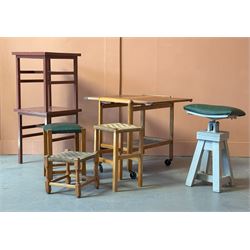 Mid century oak metamorphic drinks trolley, together with a pair of painted pine side tabl...
