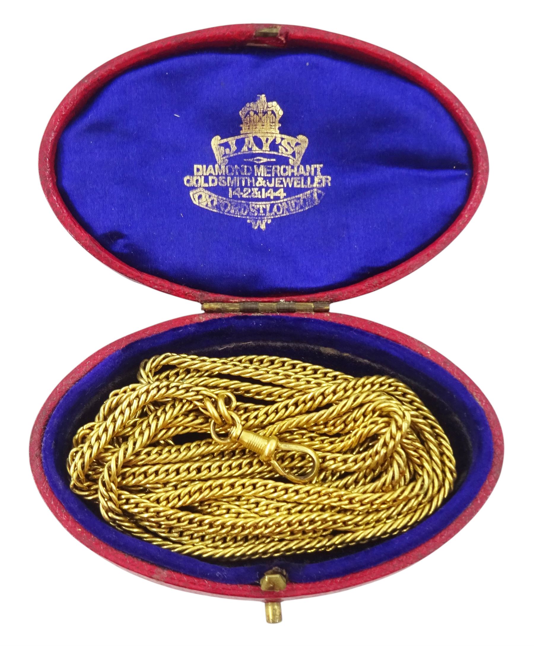 19th century gilt fancy link guard / muff chain with lobster clip, with a tooled red leather jewellery box